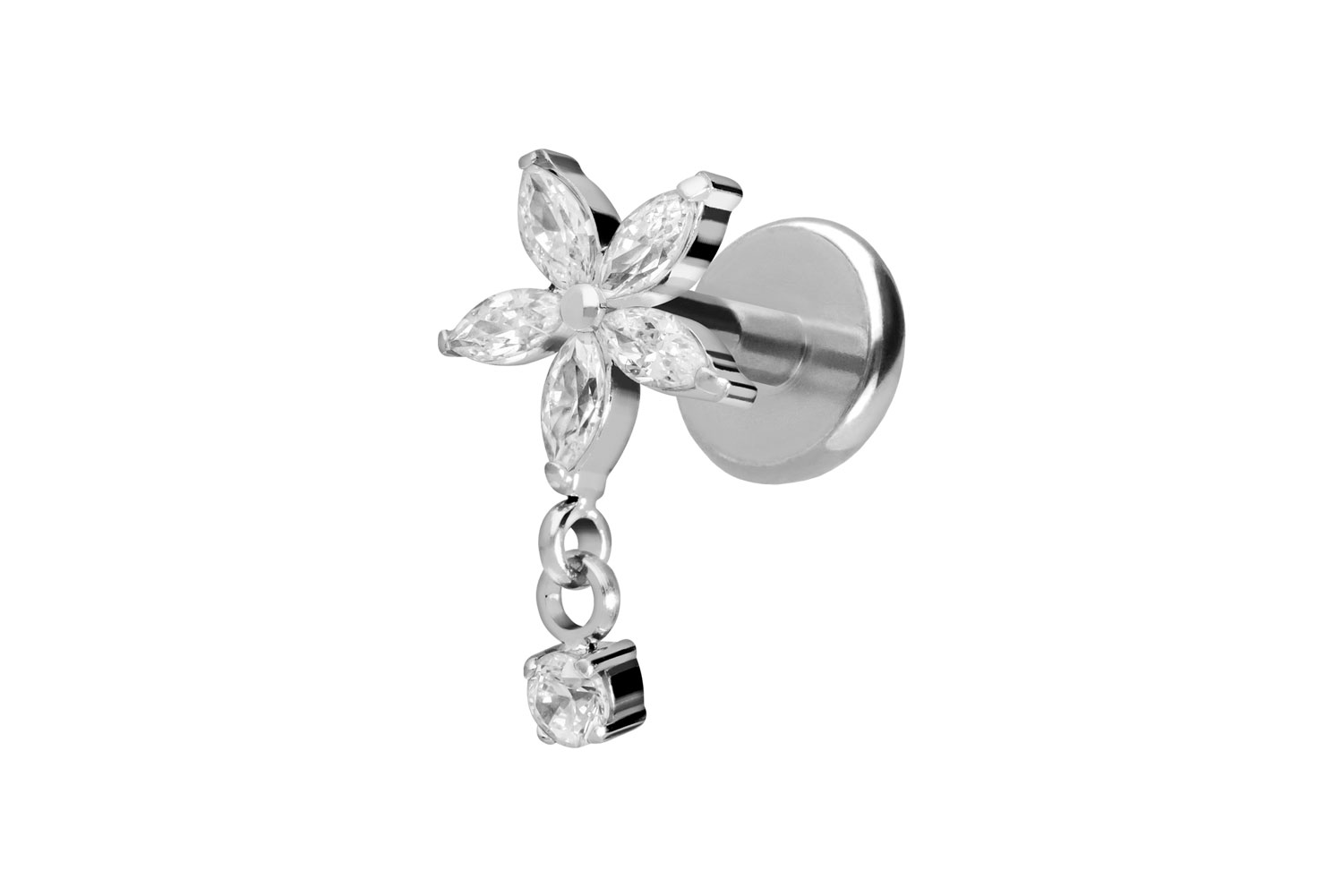 Titan Labret Piercing mit Push Fit KRISTALLBLUME + KRISTALL